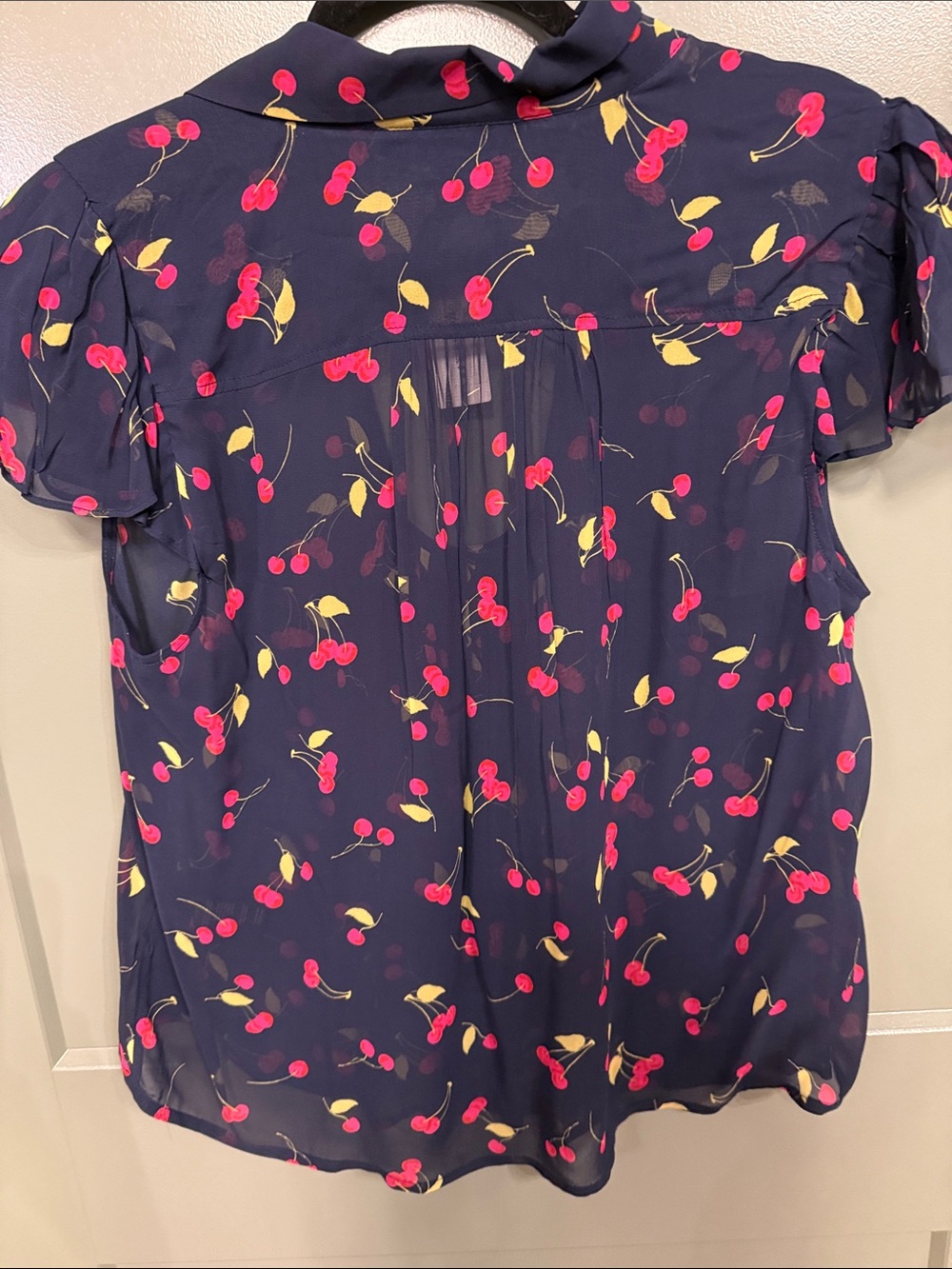 Anthropologie Navy Cherry-Print Tie-Neck Blouse - Picture 8 of 9